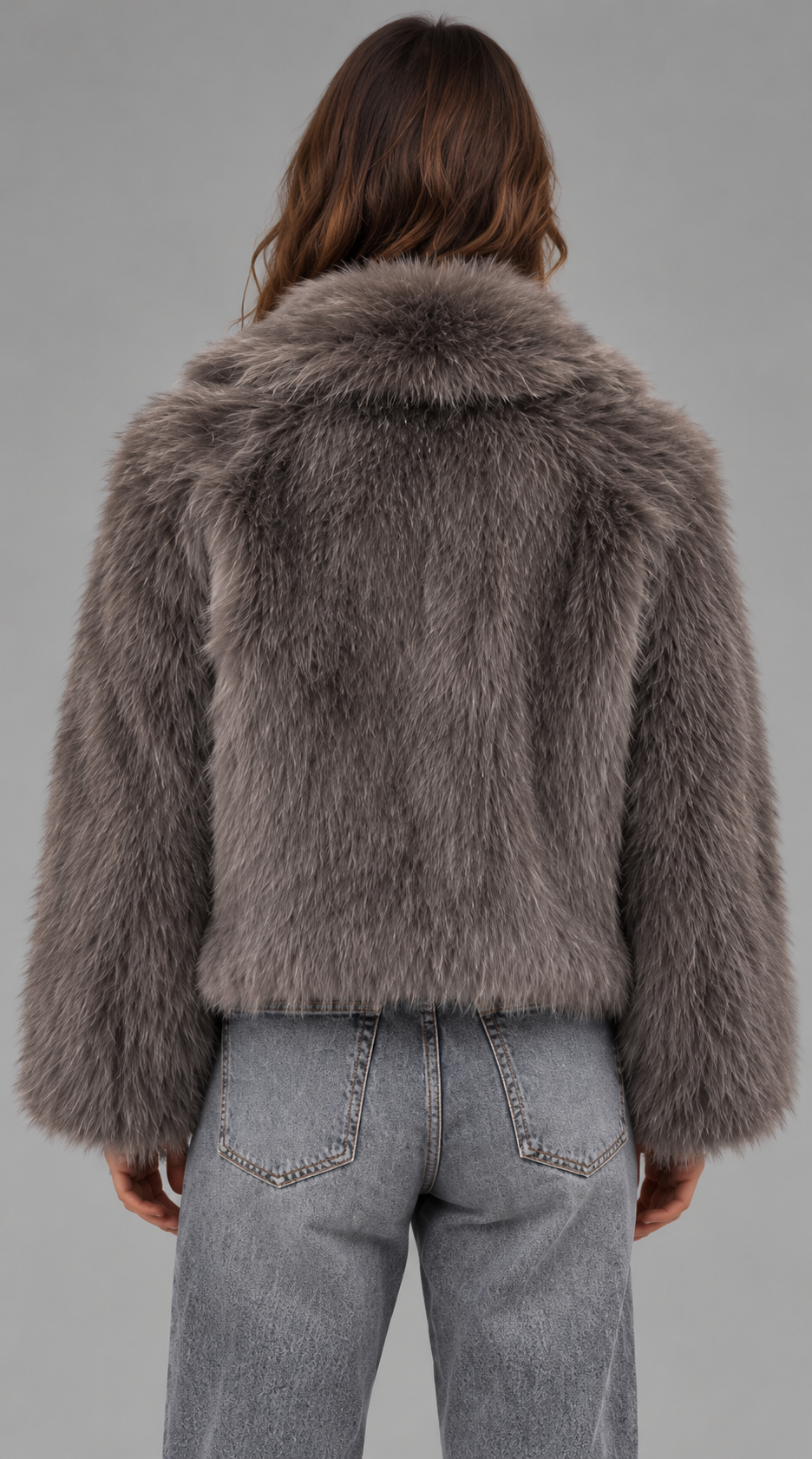 Grey Cropped Faux Fur Jacket