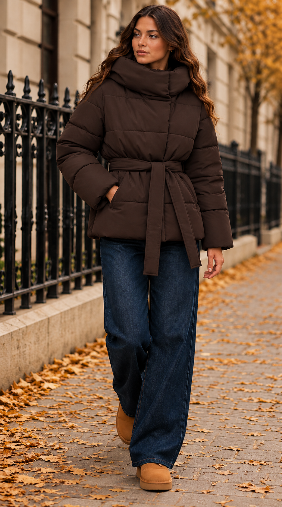 Brown Belted Funnel Neck Puffer Jacket