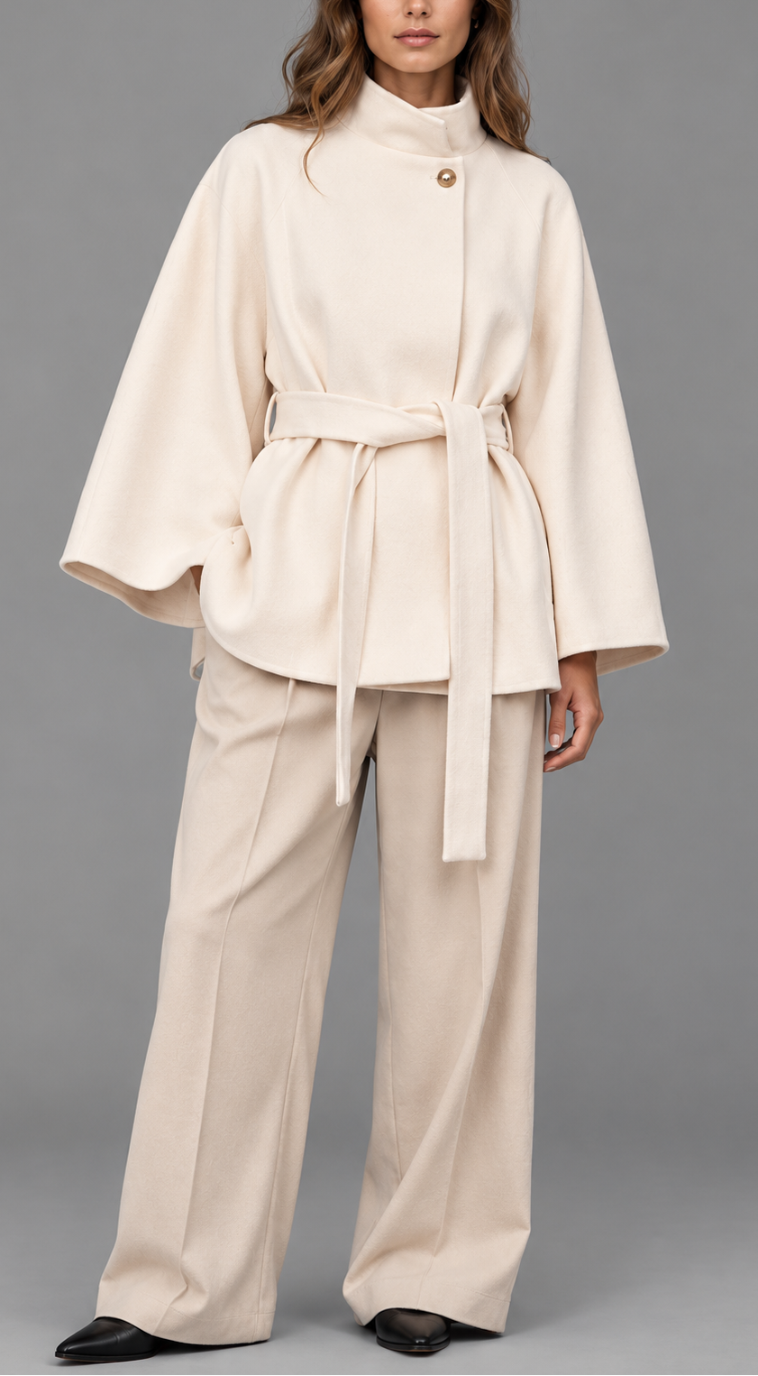Cream Belted Wool Cape Coat