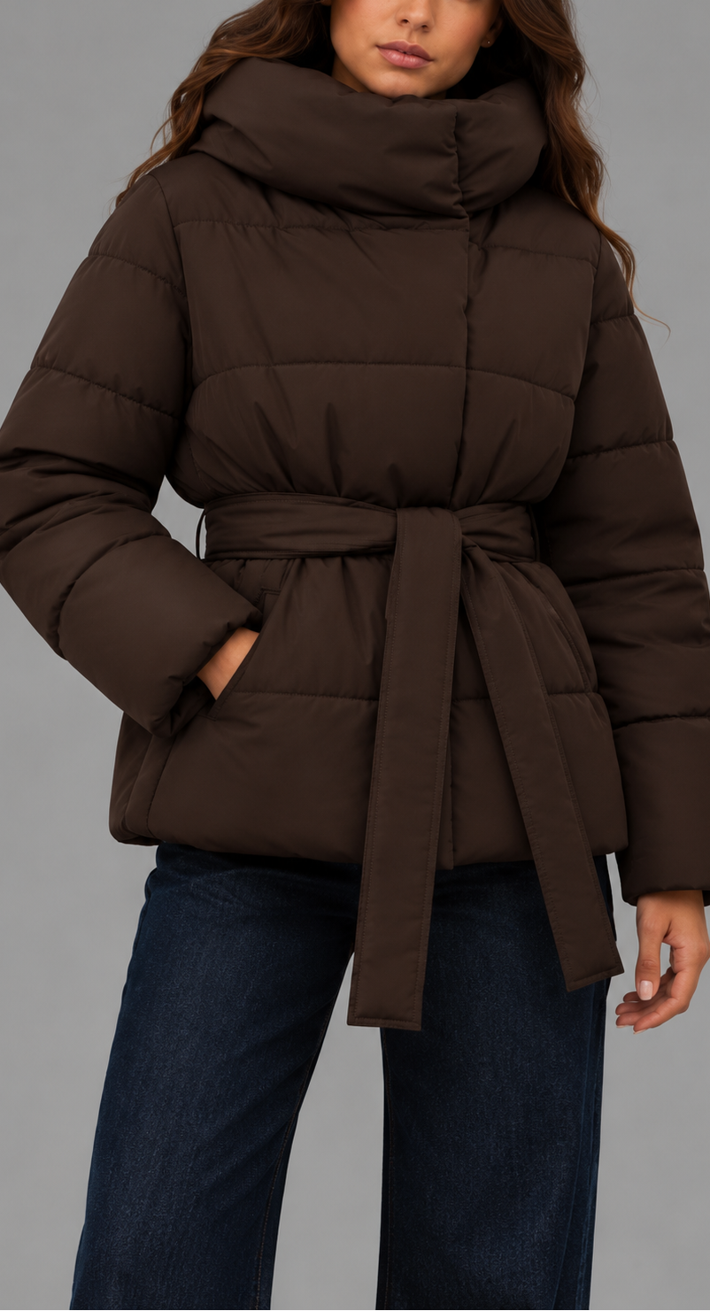 Brown Belted Funnel Neck Puffer Jacket