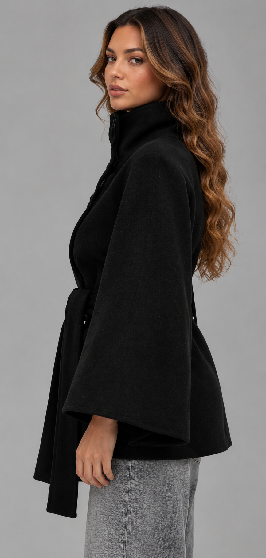 Black Belted Wool Cape Coat