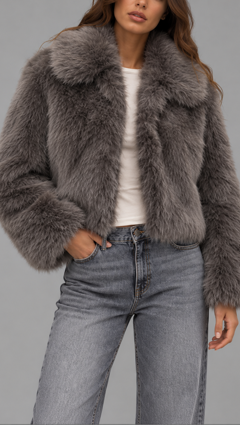 Grey Cropped Faux Fur Jacket