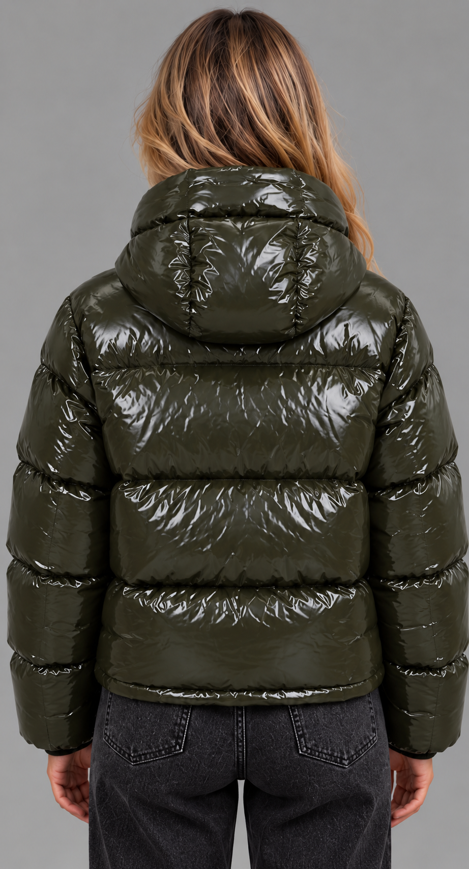 Khaki Glossy Hooded Puffer Jacket
