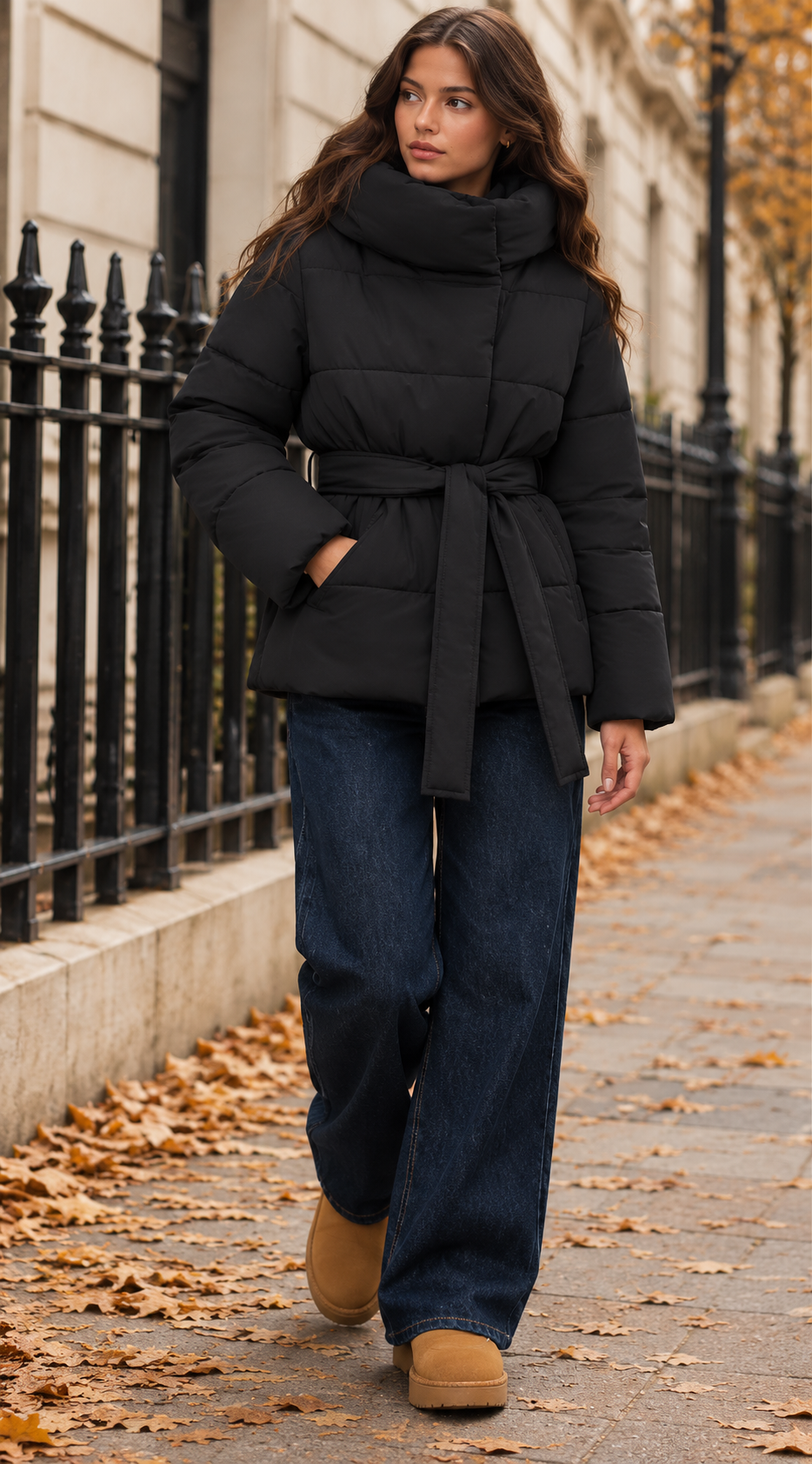 Black Belted Funnel Neck Puffer Jacket
