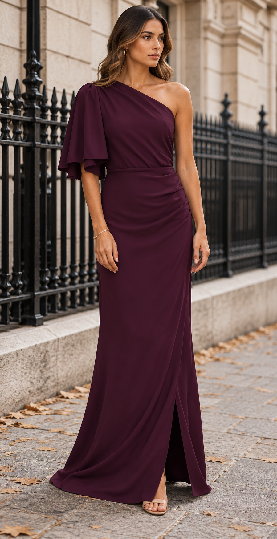 One Shoulder Draped Flutter Maxi Dress