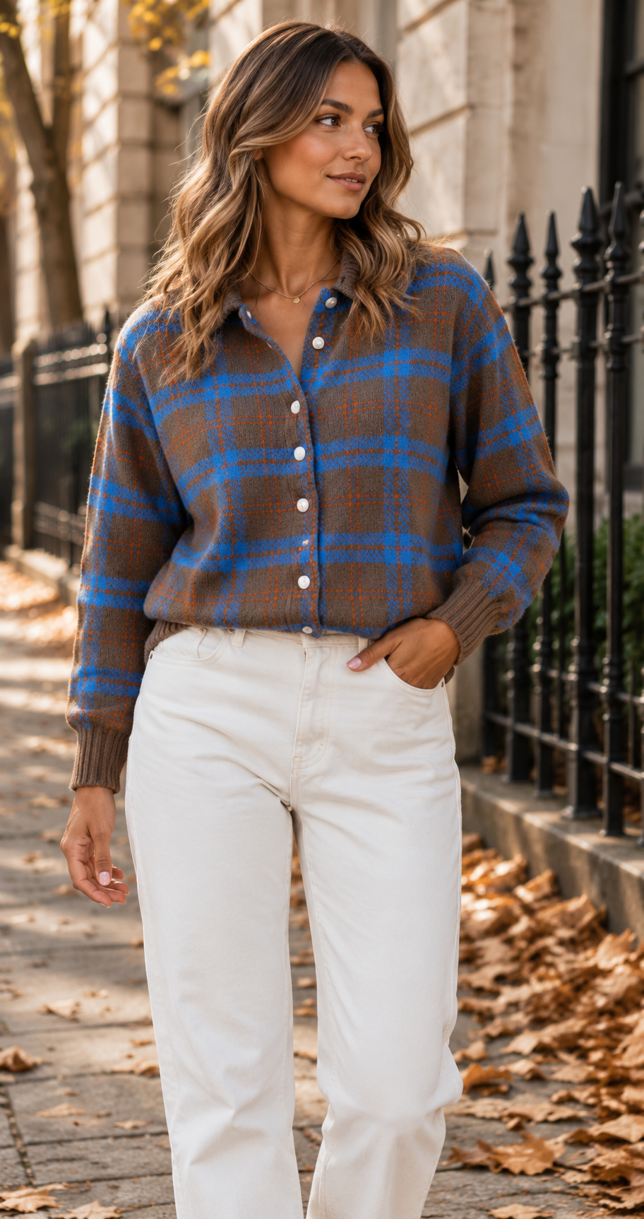 Checked Collared Knit Cardigan