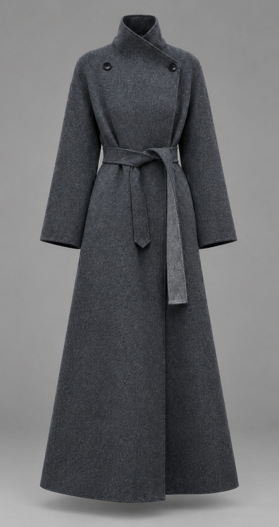 Grey Longline Belted Wool Coat