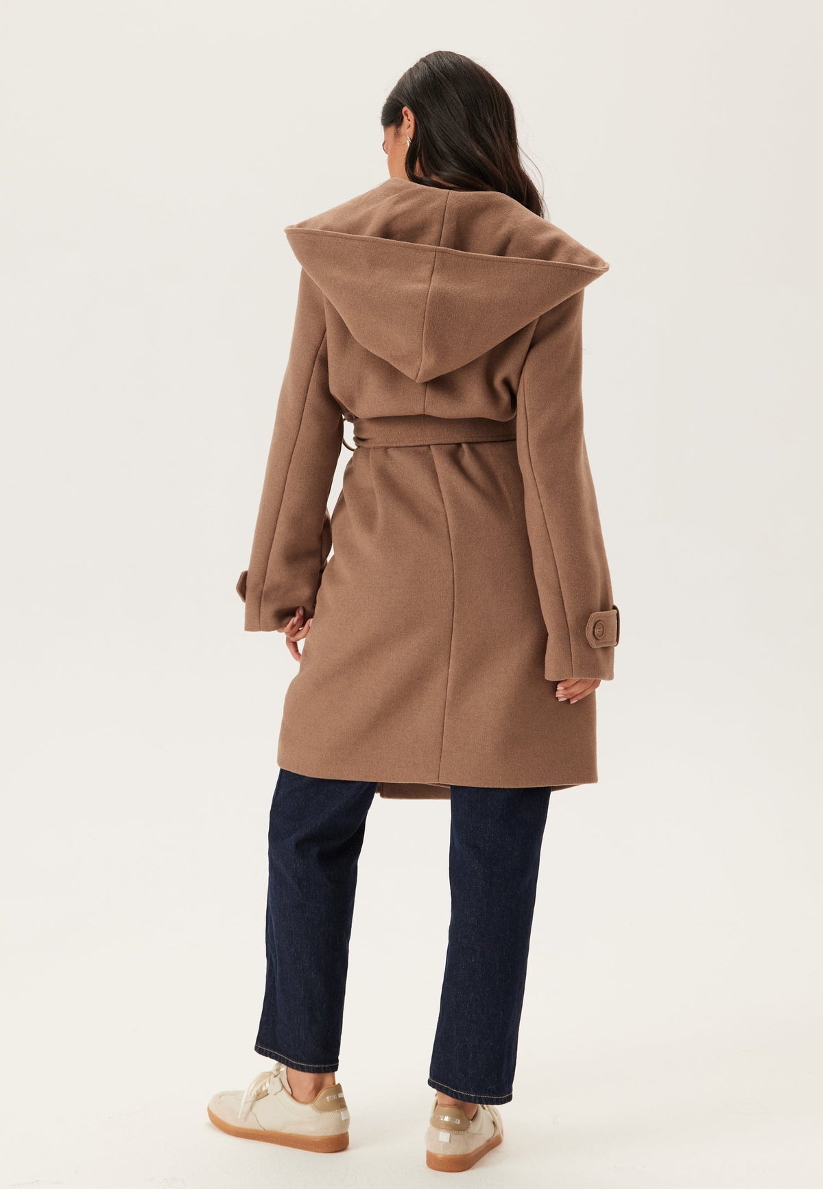 Camel Hooded Belted Wool Wrap Coat