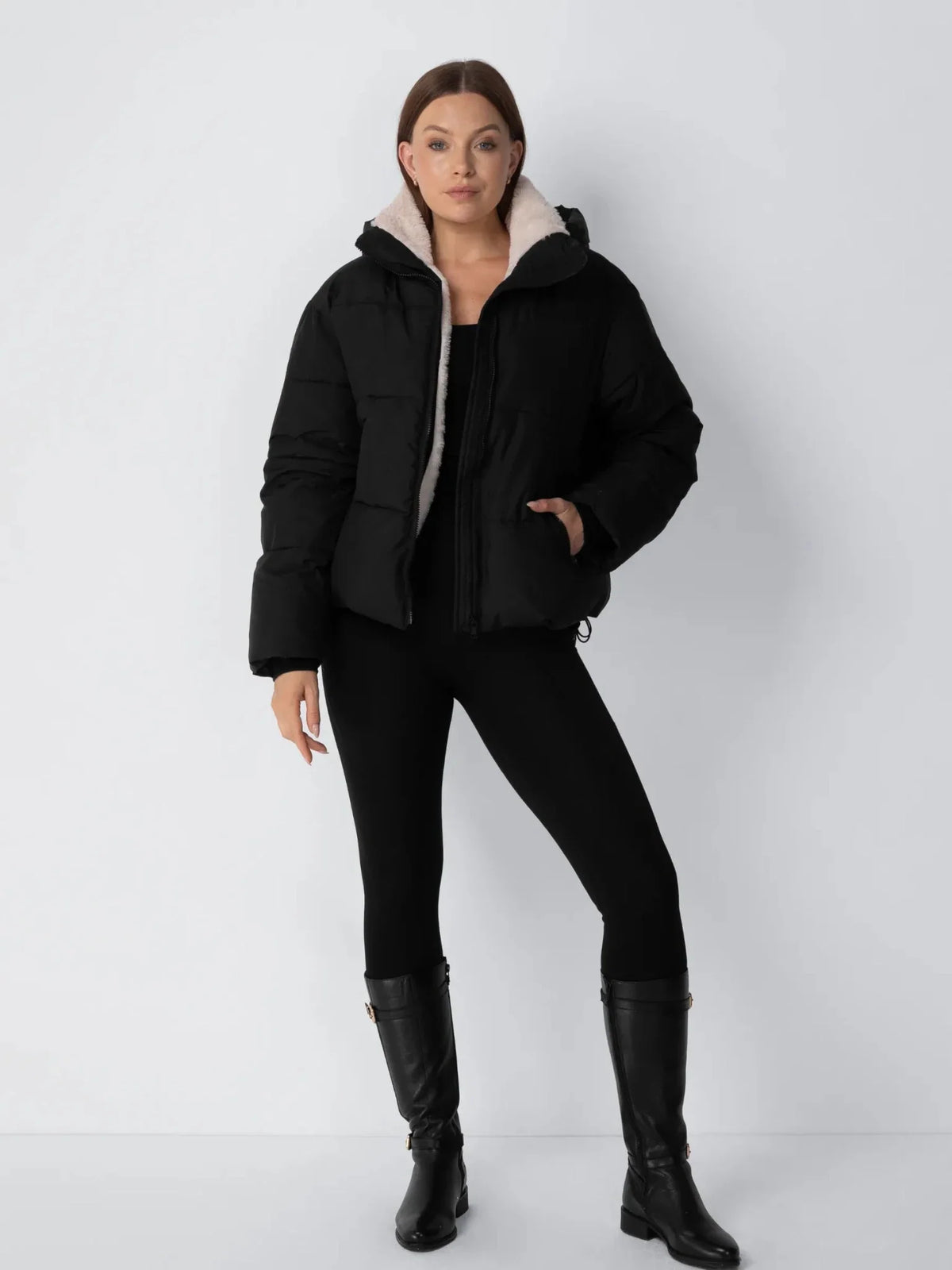 Cropped Fleece-Lined Puffer Jacket